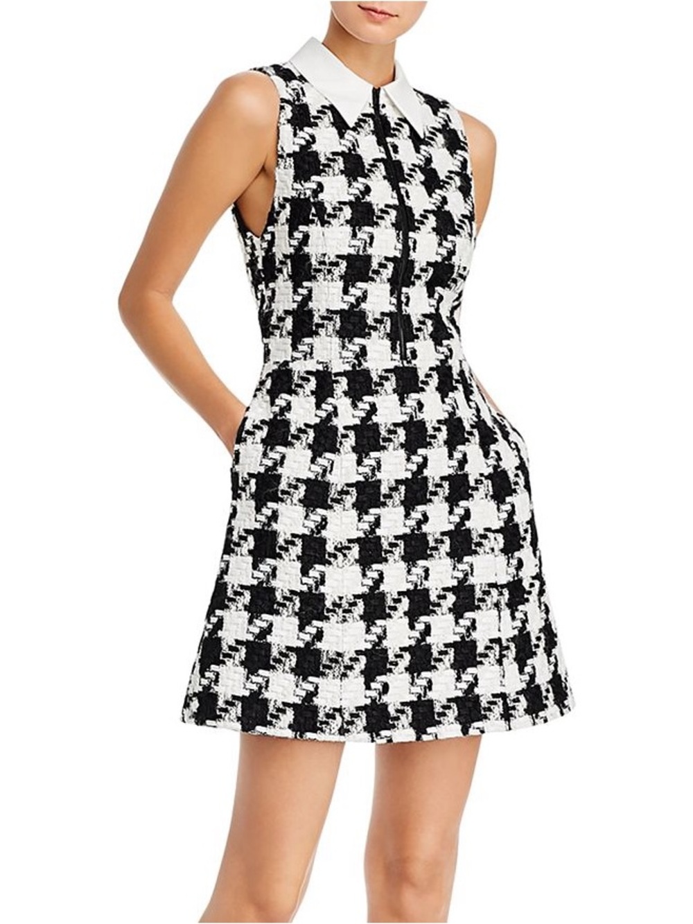 Alice + Olivia Ellis Black & White Houndstooth Sleeveless Collared A-Line Dress